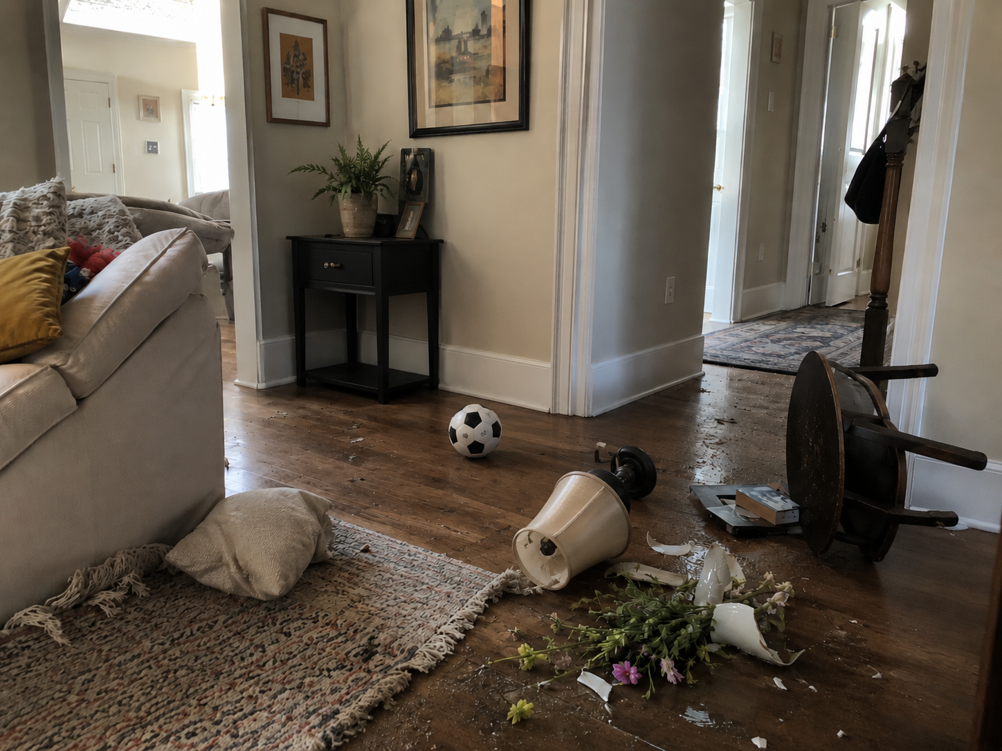 Living room with broken lamp and a soccer ball after an indoor accident